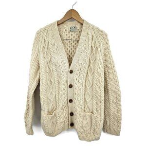 Vtg Aran Hand Knits K.A.M. Knitwear Wool Cardigan Size 40 Sweater Pockets Ivory